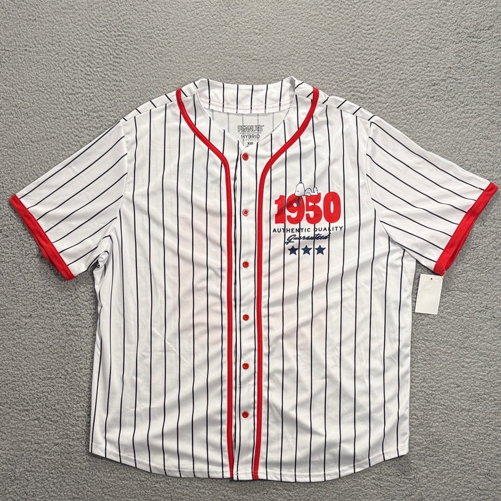 Peanuts Hybrid Striped Baseball Jersey with Red Accents button up men’s XXL